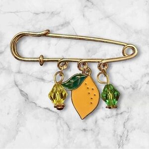 Gold Lemon Charm Safety Pin Brooch with Green and Yellow Beads